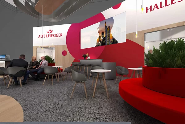 Messestand von Alte Leipziger in 3D-Visualisierung.